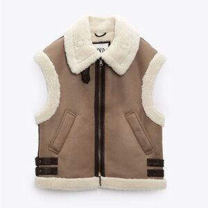Zara Contrast Faux Shearling Gilet Vest Oversized Taupe Cream Size L